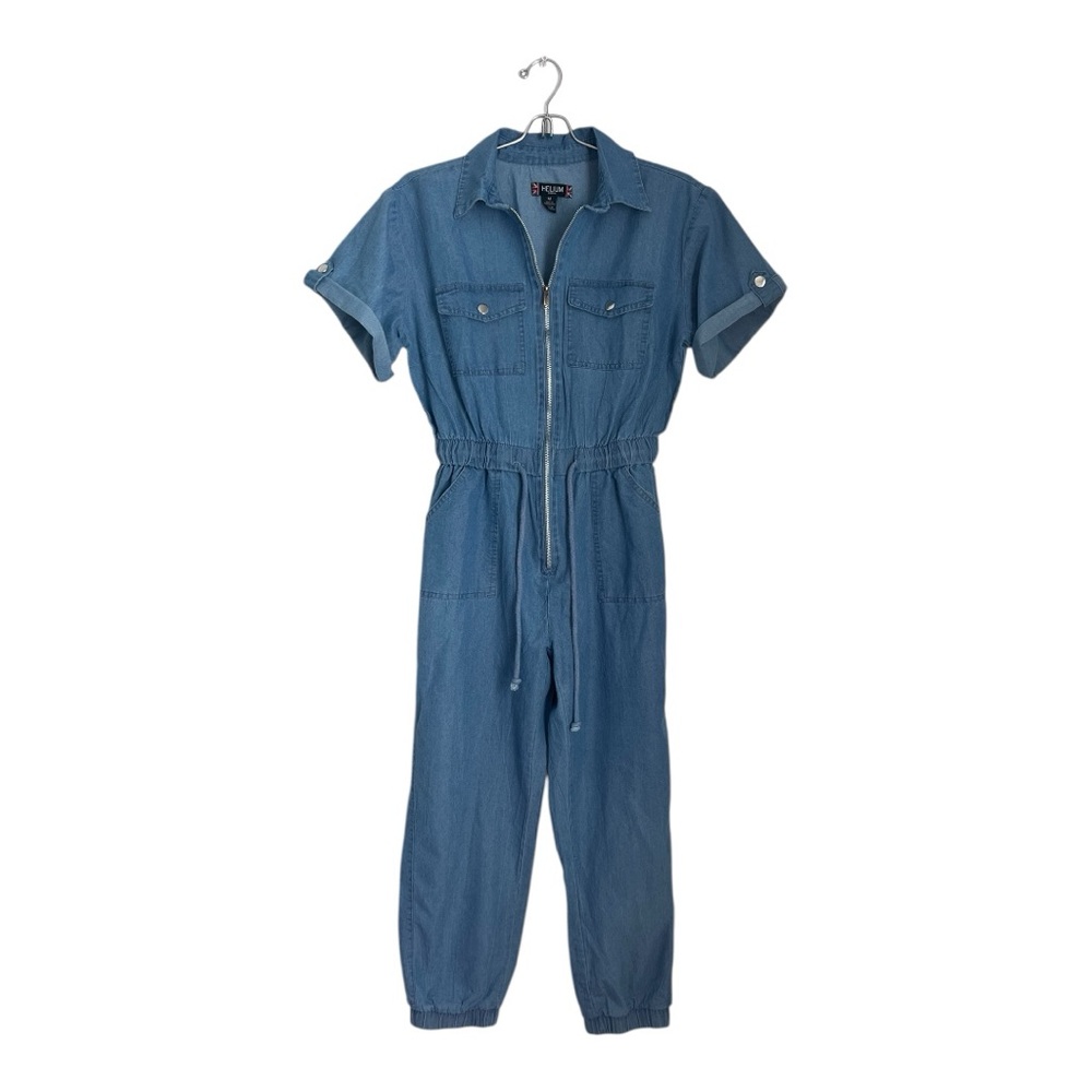 Helium London Blue Cotton Chambray Denim Jumpsuit Zip Front Drawstring Waist M - Picture 2 of 10